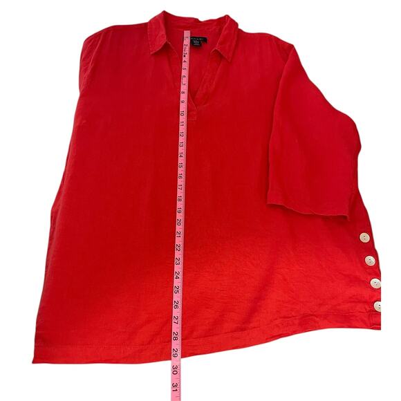 Tahari 100% Linen V-Neck Tunic Top Coral Red Sz 2X Effortless Timeless Vacation - Picture 6 of 8